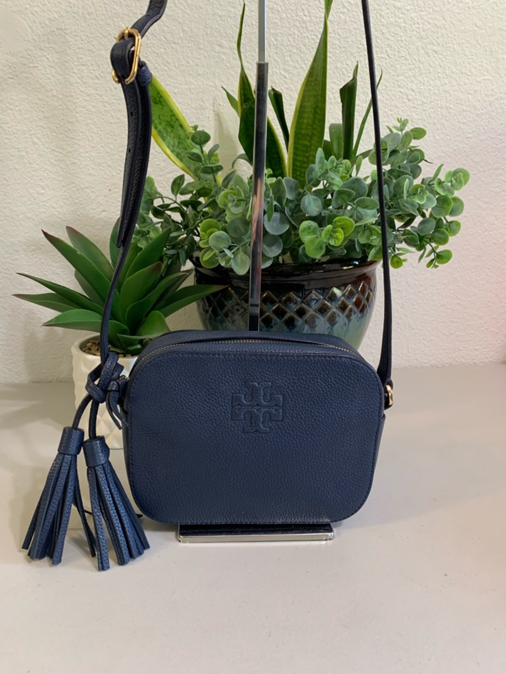 👜💕 Tory Burch Navy Leather Crossbody Bag with Tassels